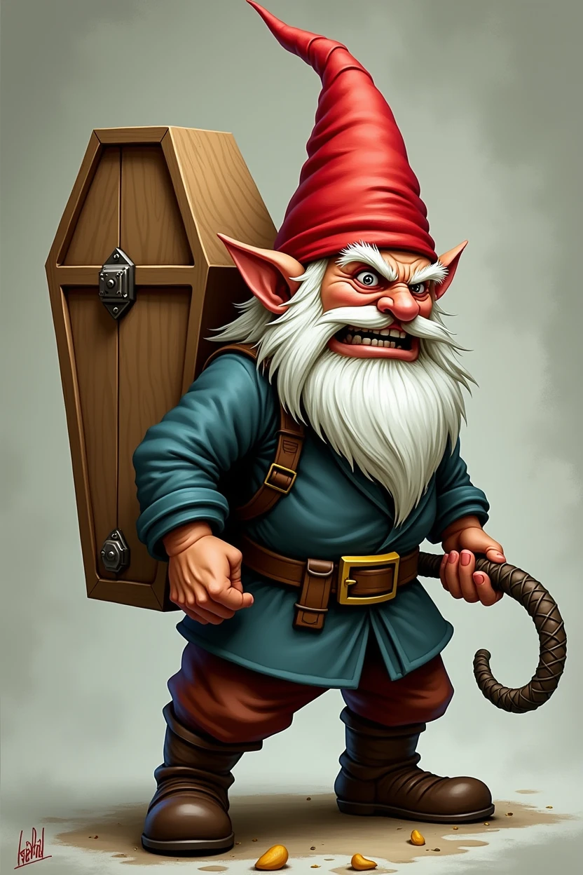 He creates a gnome carrying a coffin-shaped box on his back, bigger than him, with a furious face and in one hand he carries his whip.