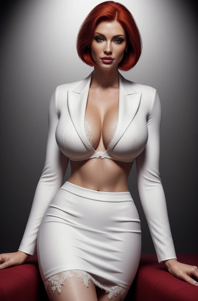 high quality,resolution:8k,realistic,Carolyn Dunn,red hair,bobcut,beautiful detailed eyes,beautiful detailed lips,white suit,pencil skirt,high heels,vivid colors,portraits,studio lighting, white lace bra