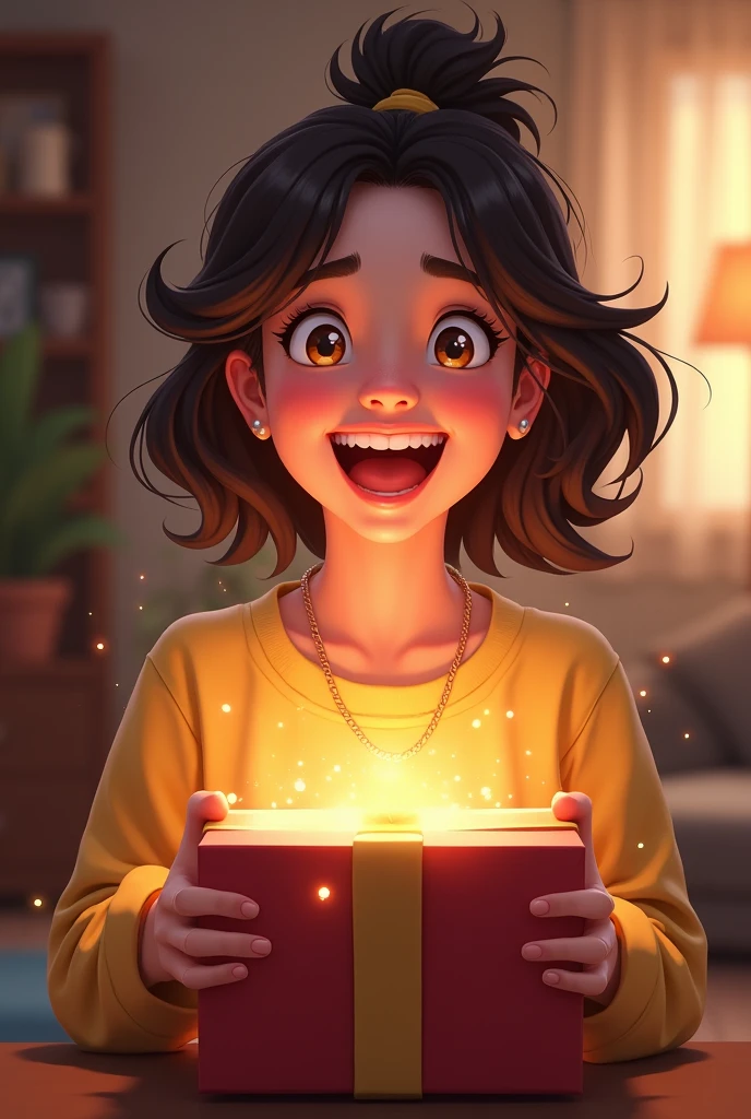 A woman who is very happy and joyful because she was given something, He opens the box and is surprised because inside there is a dildo