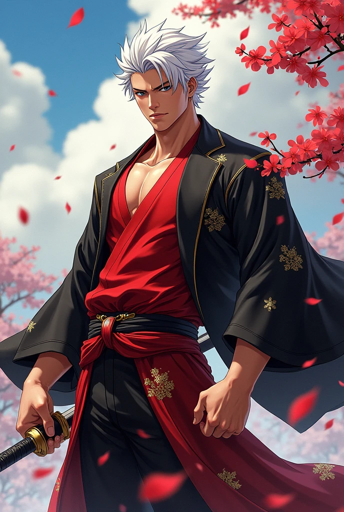 Create an 18 year old young man from one piece in 2D whose appearance is a white haired slightly large swordsman with red and black samurai clothes closed born in a wano whose name is Ryota is a slightly muscular swordsman 