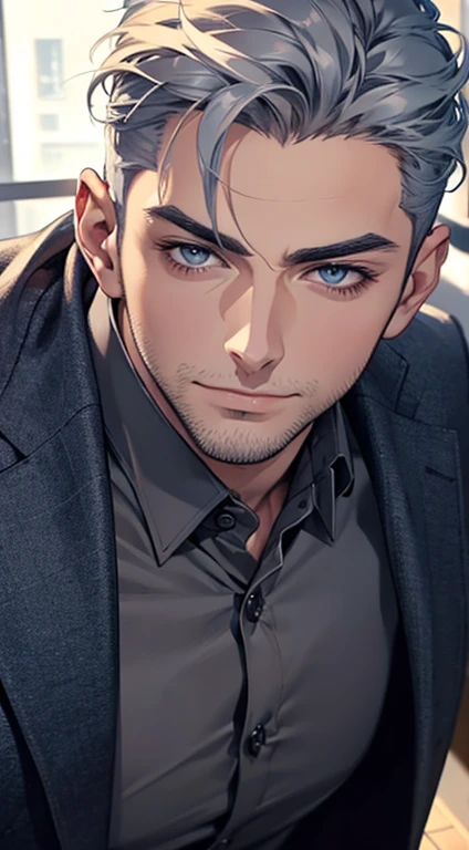 (best quality,4k,8k,highres,masterpiece:1.2),ultra-detailed,(realistic,photorealistic,photo-realistic:1.37),1 man,31 years old,mature man,very handsome,without expression,smile,short grey blue hair,blue eyes,penetrating gaze,perfect face without errors,imposing posture,businessman,office background,cinematic lighting,hdr image