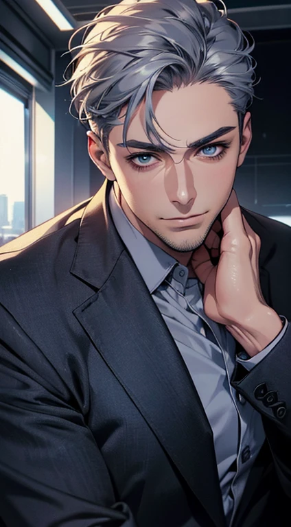 (best quality,4k,8k,highres,masterpiece:1.2),ultra-detailed,(realistic,photorealistic,photo-realistic:1.37),1 man,31 years old,mature man,very handsome,without expression,smile,short grey blue hair,blue eyes,penetrating gaze,perfect face without errors,imposing posture,businessman,office background,cinematic lighting,hdr image