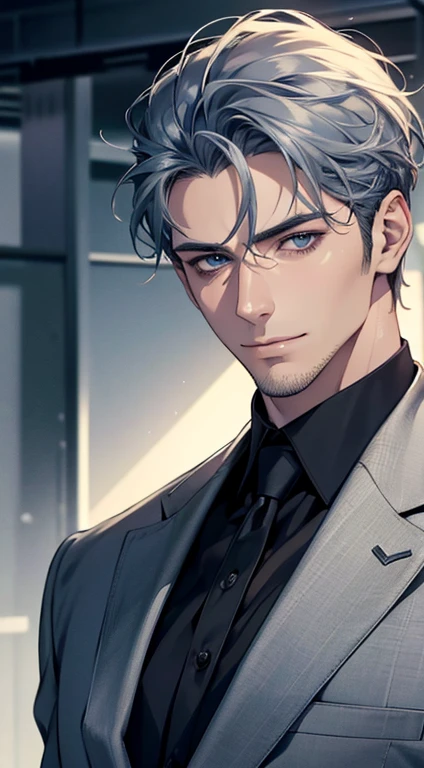 (best quality,4k,8k,highres,masterpiece:1.2),ultra-detailed,(realistic,photorealistic,photo-realistic:1.37),1 man,31 years old,mature man,very handsome,without expression,smile,short grey blue hair,blue eyes,penetrating gaze,perfect face without errors,imposing posture,businessman,office background,cinematic lighting,hdr image