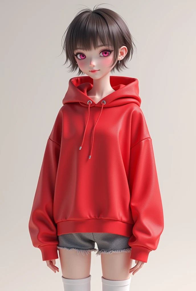 A femboy wearing white thigh highs, a red oversized hoodie and gray booty shorts with a really small amount of makeup, his hair even tho short he had styled it in a way which made it look girly, pink eyes, pink hair ,19 years old , messy hair 