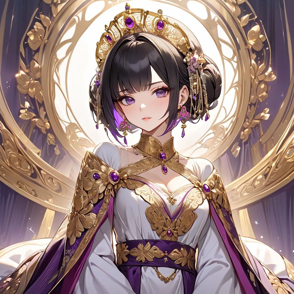 ((Highest quality)), ((masterpiece)), (detailed), (Perfect Face)、The woman is Shinobu Kocho, a Russian with black hair with purple gradient ends, tied in a bob hairstyle, an elegant, graceful and beautiful Russian noblewoman, and the Empress of the Great Russian Empire.、The woman is beautifully dressed in a gorgeous, glittering gold-colored Russian coronation dress worn by an ancient Russian empress, as well as luxurious accessories and a kokoshnik.