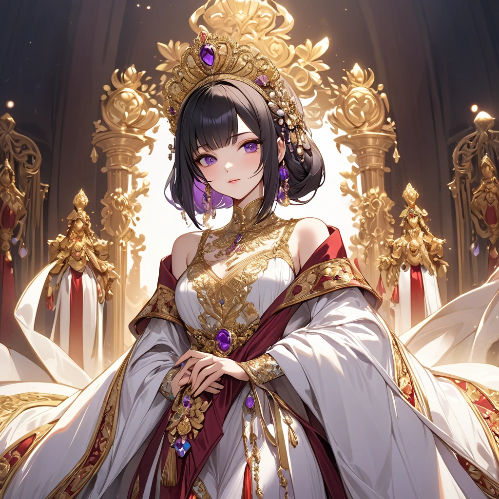 ((Highest quality)), ((masterpiece)), (detailed), (Perfect Face)、The woman is Shinobu Kocho, a Russian with black hair with purple gradient ends, tied in a bob hairstyle, an elegant, graceful and beautiful Russian noblewoman, and the Empress of the Great Russian Empire.、The woman is beautifully dressed in a gorgeous, glittering gold-colored Russian coronation dress worn by an ancient Russian empress, as well as luxurious accessories and a kokoshnik.