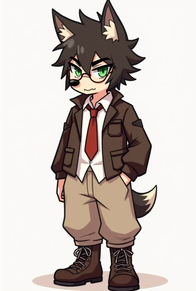 Anthro Short dark-brown wolf. skin colored muzzle. Spiky hair. Brown jacket. White shirt with red tie. Pale baggy pants. Brown boots with shoe laces. Has round glasses. Green eyes.Devious but approachable look. High quality.