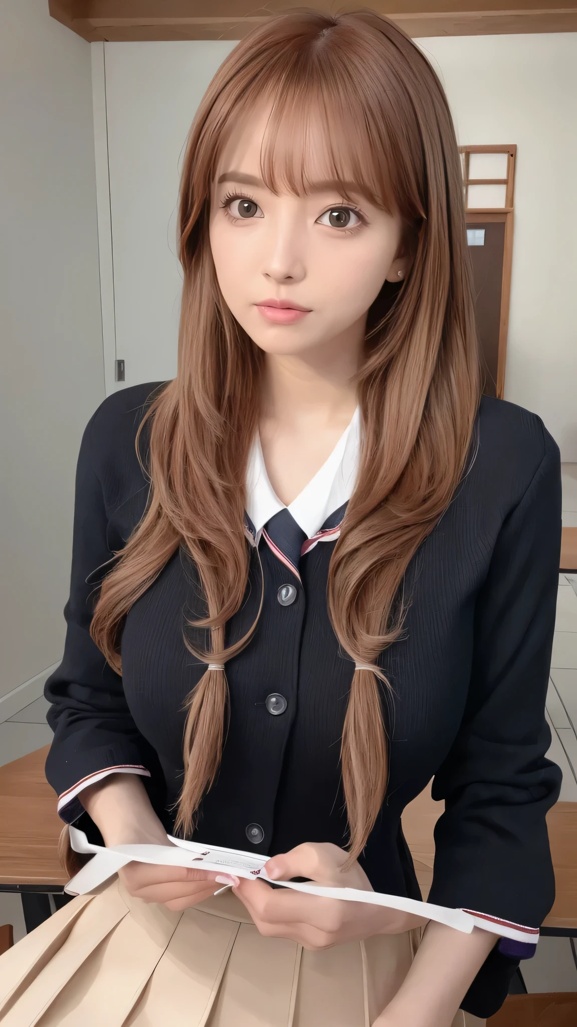 porn image.(from below:1.2),(1girl,ultra detailed skin,curvy,,beautiful breasts,large breasts,pale skin,pointy breasts,erect nipples),(Hyperrealist portrait,(8k),ultra-realistic,high detail,high resolution,best quality,masterpiece,Sense of presence,Dynamic,bold),(thin and soft hair:1.8),(straight hair),(Swept long bangs),(extra light coppery amber hair),(hair over one eye),(clothed:1.5,school uniform:1.5)