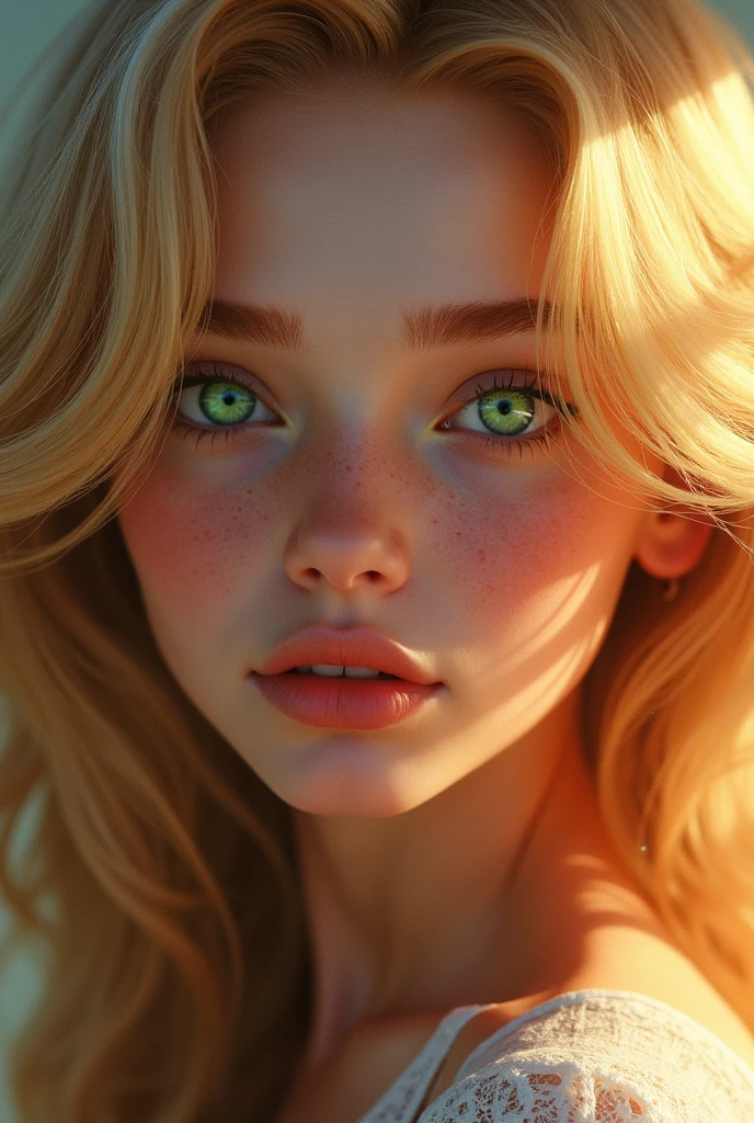 one of about 20 years old, big blonde hair, sparkling greenish eyes and unique beauty