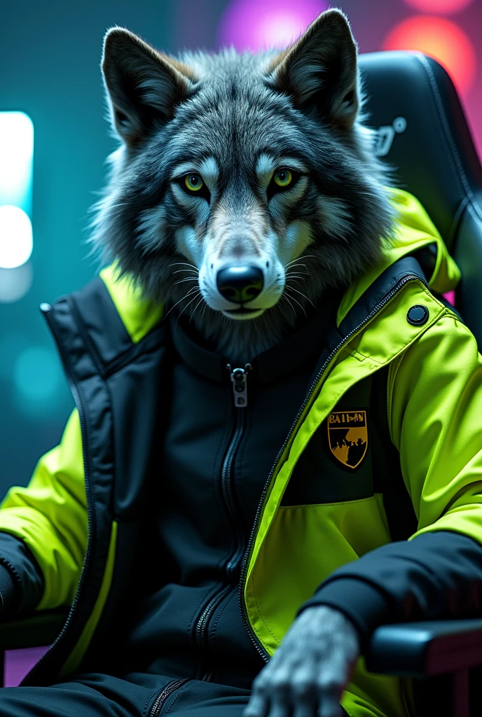 A humanoid wolf in a black and fluorescent green jacket, with gray fur and black nose, sentado em uma cadeira gamer