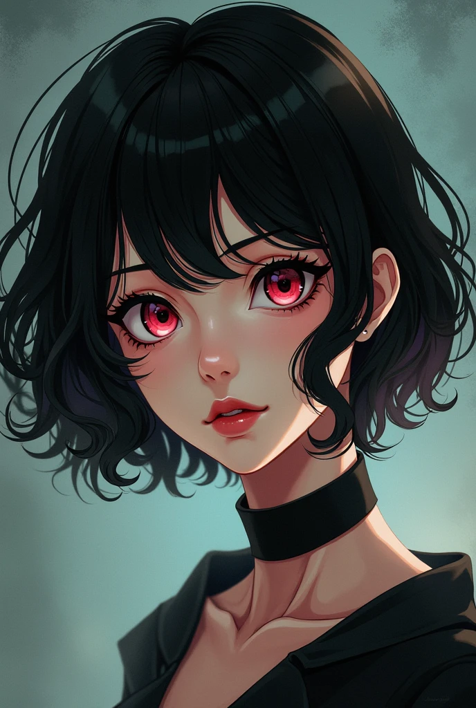 Beautiful woman with wavy short hair and bangs with masculine facial traits, a few moles on her face, bungou stray dogs anime style.