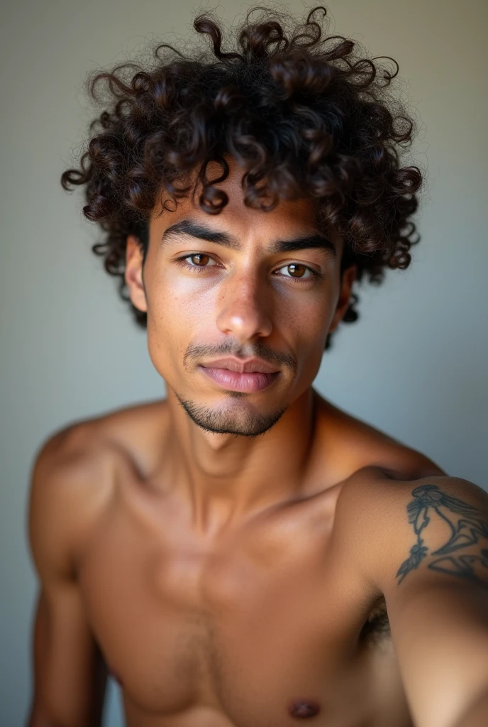 Light brown guy with curly hair shirtless selfie tattoo on right forearm