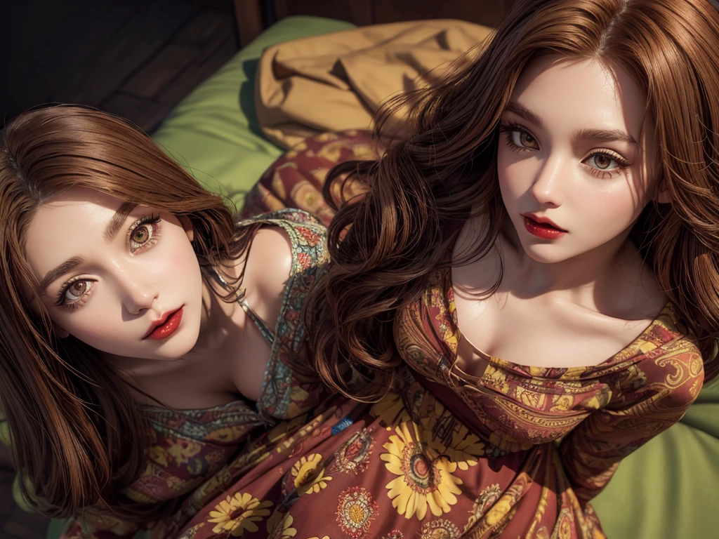 Generate a 3D animation style image of a young brunette woman, with large, brown, expressive eyes, full red lips, long curly hair, with Amazonian features, dressed in a colorful, flowery dress