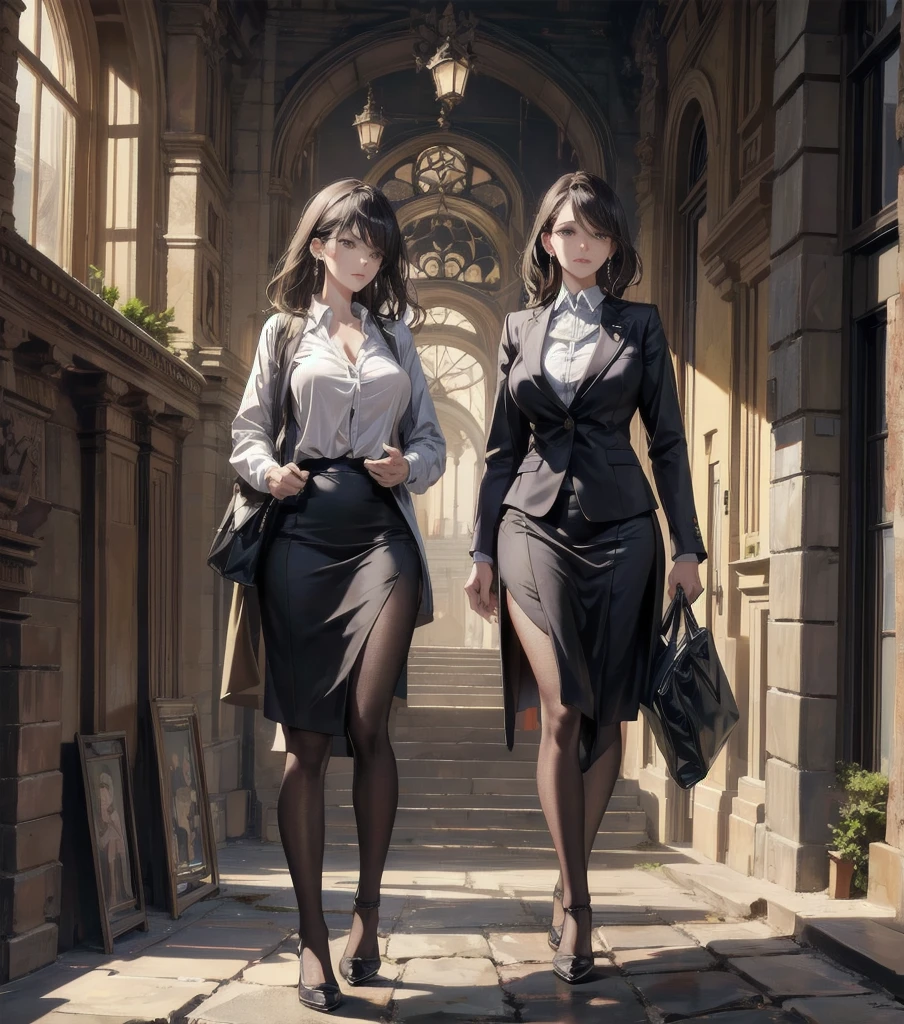absurdres, RAW photo, extremely delicate and beautiful, masterpiece, Best Quality, ultra high resolution, 32k, hyper realistic, ultra-detailed, Very detailed CG 8k wallpaper, detailed background, landscape, Beautiful Lighting, Perfect Lightning, Realistic Shadows, perfect anatomy, anatomically correct, ideal ratio body proportions, perfect figure, Perfect Style, Perfect balance, super Detailed skin, in her 10s, very Slim body, narrow waist, very small head, very small face, delicate facial features, handsome detailed woman, very detailed eyes and face, realistic face proportions, Realistic beautiful face, Realistic beautiful eyes, tearful mole, earring, whole body shot, (very huge round tits), short medium hair, asymmetrical hair, wavy hair, business suit, blazer, (blouse), skirt,