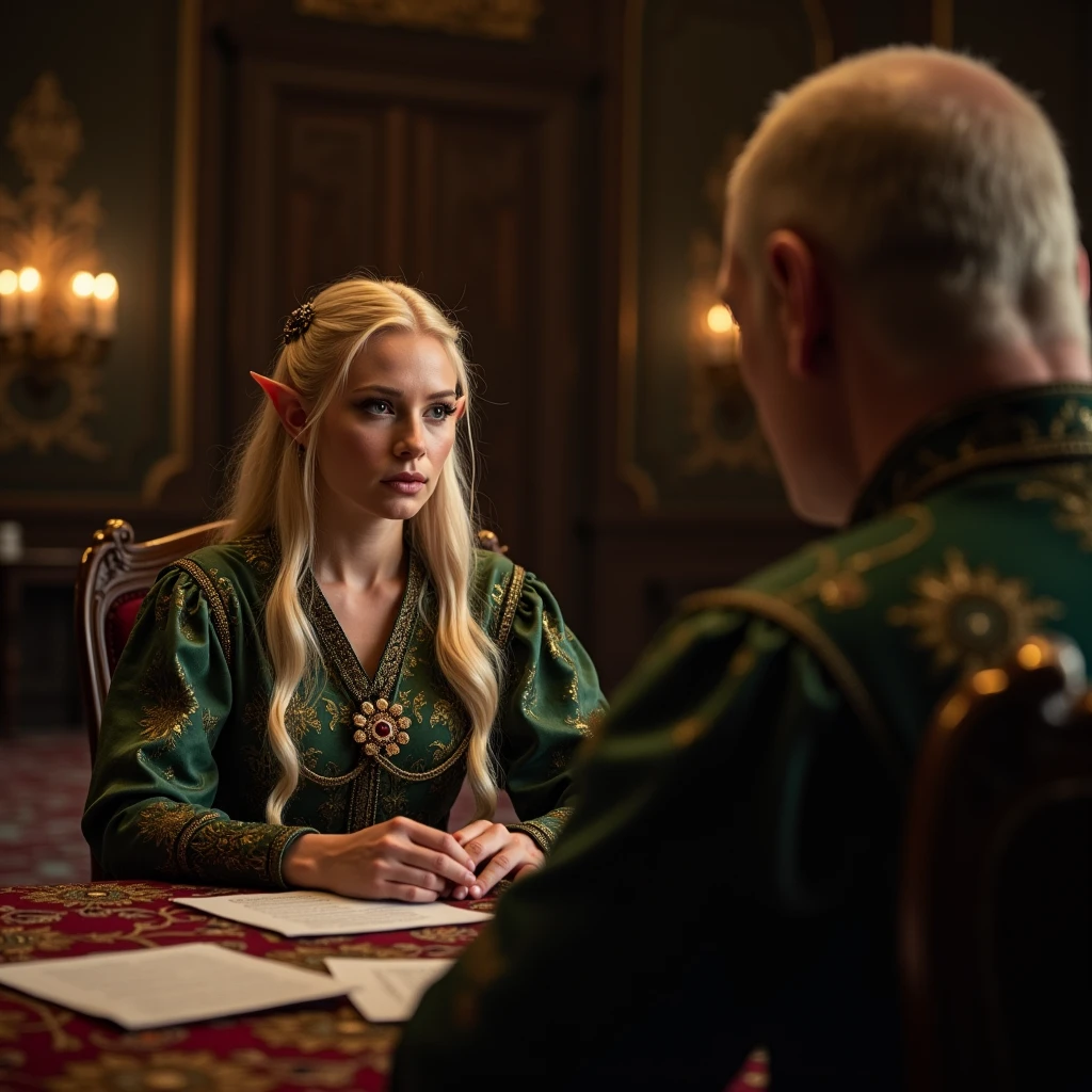 Actor Kevin Spacey is negotiating with an elf queen, 35 year old woman with blonde hair sitting at a table inside a royal palace