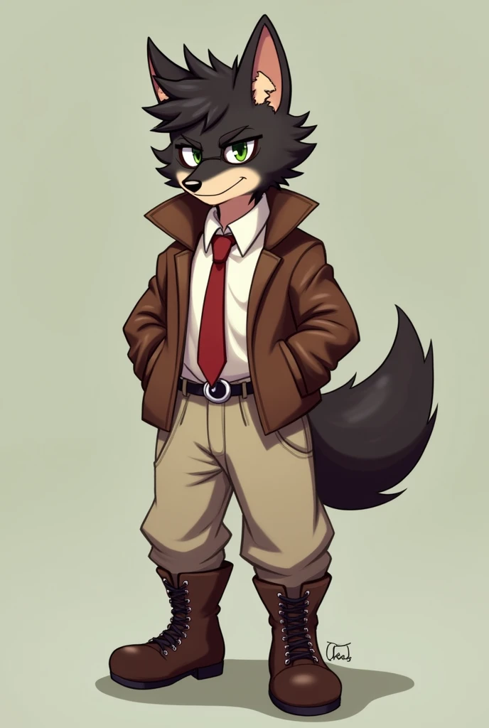 Anthro Short dark-brown wolf. skin colored muzzle. Spiky hair. Brown jacket. White shirt with red tie. Pale baggy pants. Brown boots with shoe laces. Has round glasses. Green eyes.Devious but approachable look. High quality.