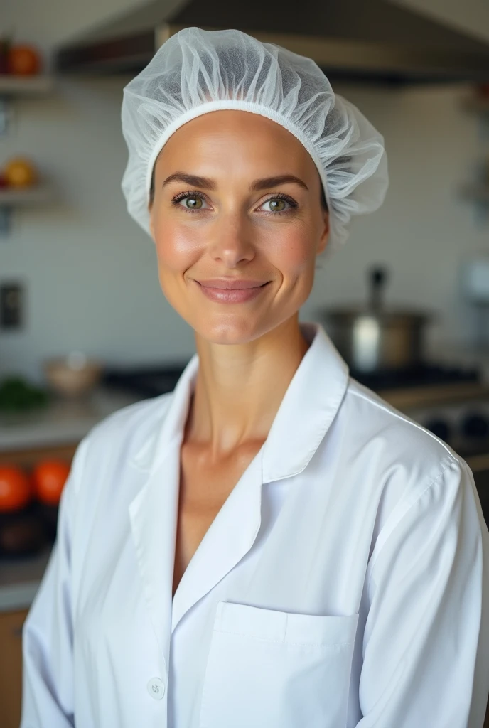 female nutritionist with hair all covered with a white cap and dressed in a lab coat,  very professional front facing with background in a kitchen


