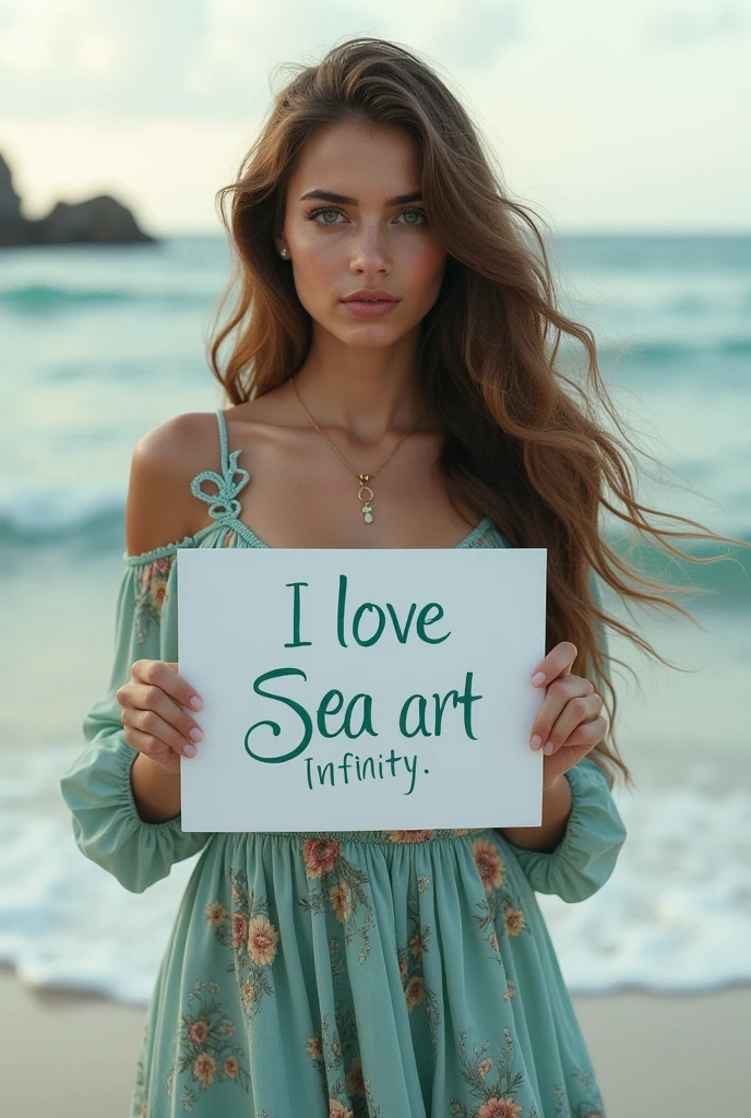 Beautiful girl with wavy long hair, bohemian dress, holding a white board with text "I Love Seaart Infinity" and showing it to the viewer