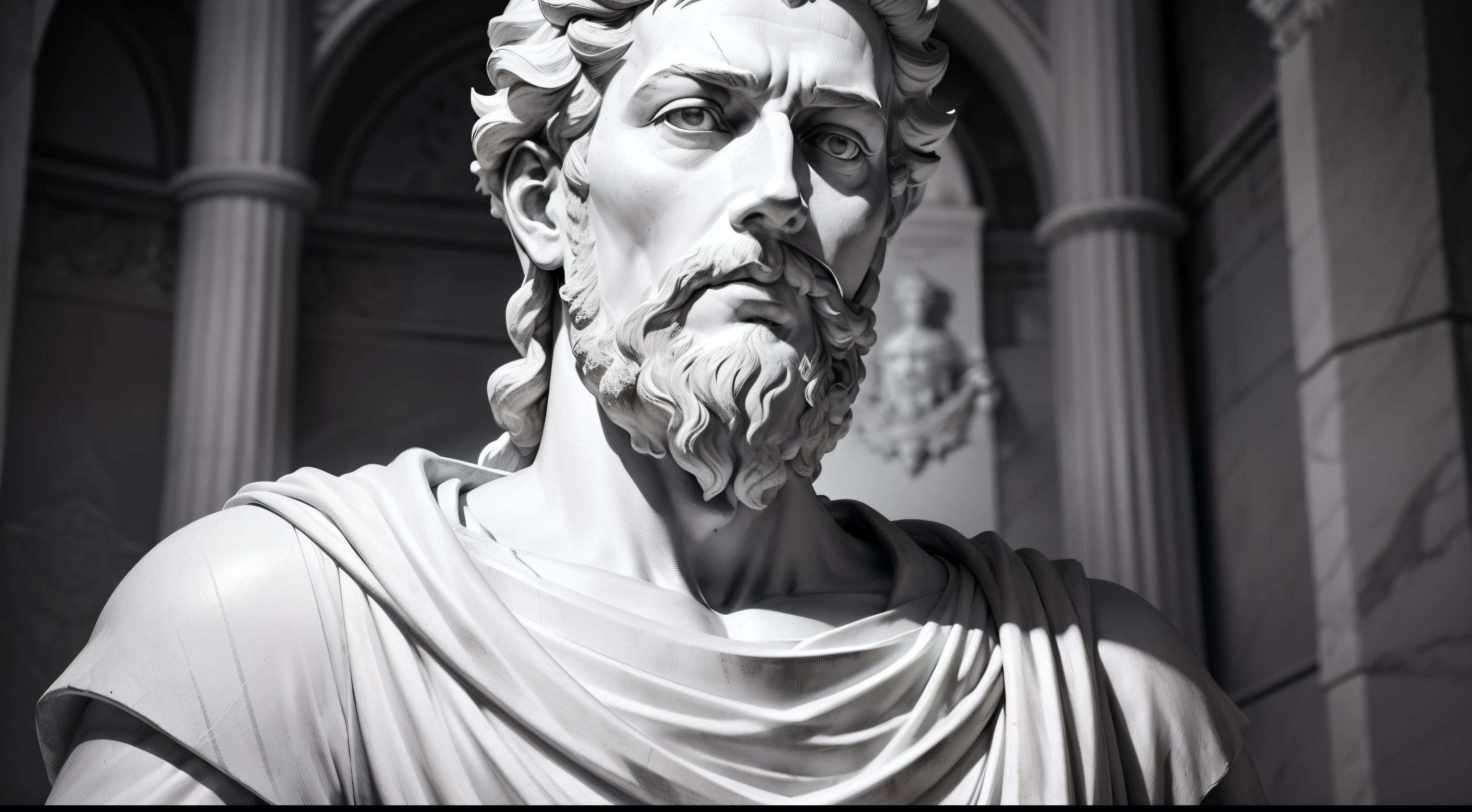 a portrait statue of the stoic Marcus Aurelius in black and white 4K, super realistic wallpaper