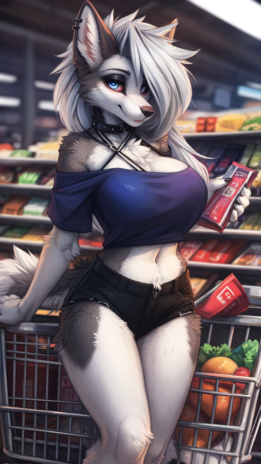 by kenket, Ross Tran, ruan jia, zaush, foxovh, by Zackary911, by hyattlen, by teranen, by fumiko, by Pixelsketcher, by fluff-kevlar, bye r-mk, by Dimwitdog, Furry, Anthro, ((prostitute)), (off-shoulder top), loona, kemono, (huge breasts), long (elegant) white hair, hourglass body, revealing outfit, seductive, alluring eyes, looking at viewer, gray fur, white fur, curvy, pushing a shopping cart, in a supermarket, looking at viewer, pouting,