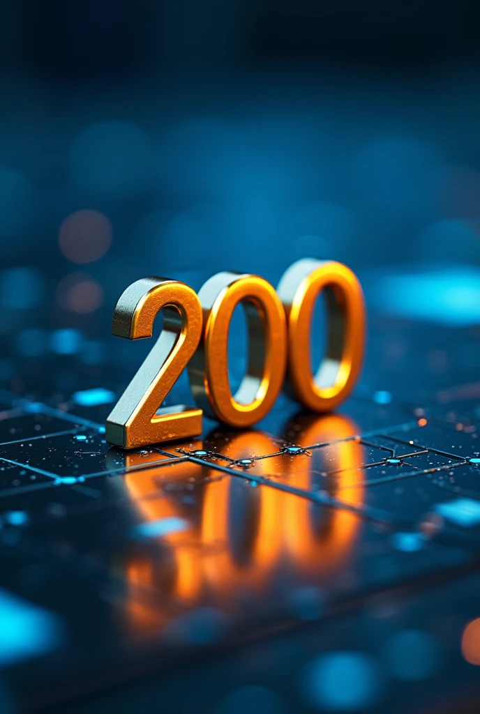 Technological golden number 200, positioned front, with the technological blue background.