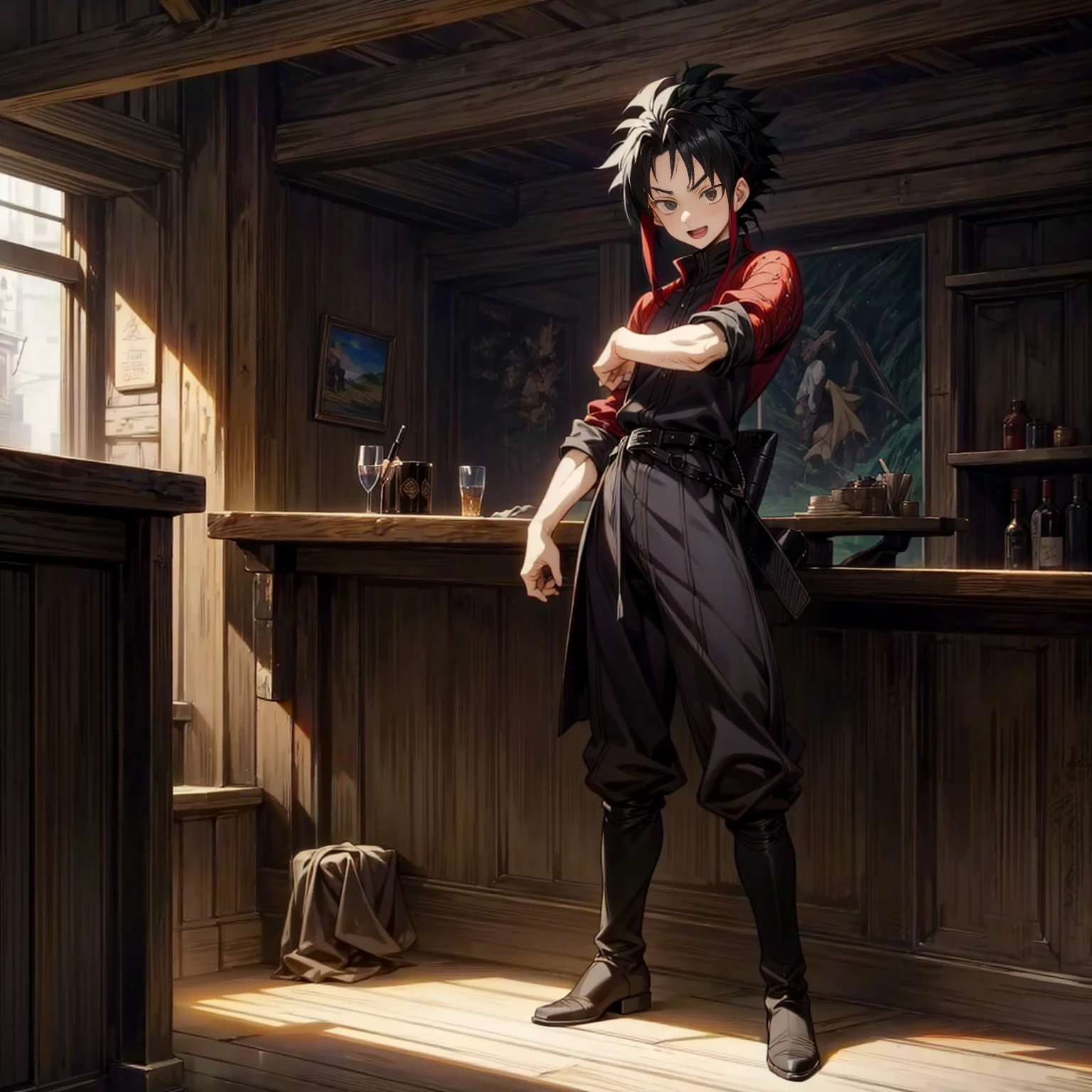 Solo character, young man, full body version, black eyes, red half black colour hair, long mohawk haircut, casual clothing, straw hat, belt, boots, indoor, bar, village, medieval, afternoon, standing gesture, detailed clothing, detailed hair, detailed background, (Hunter x Hunter style art), open mouth, happy, laugh 