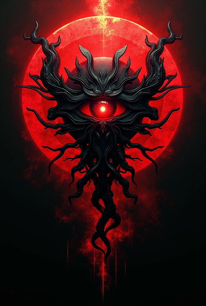 Red and black samurai themed logo, with an eye in the middle and roots, in the background divine illumination, with an old style