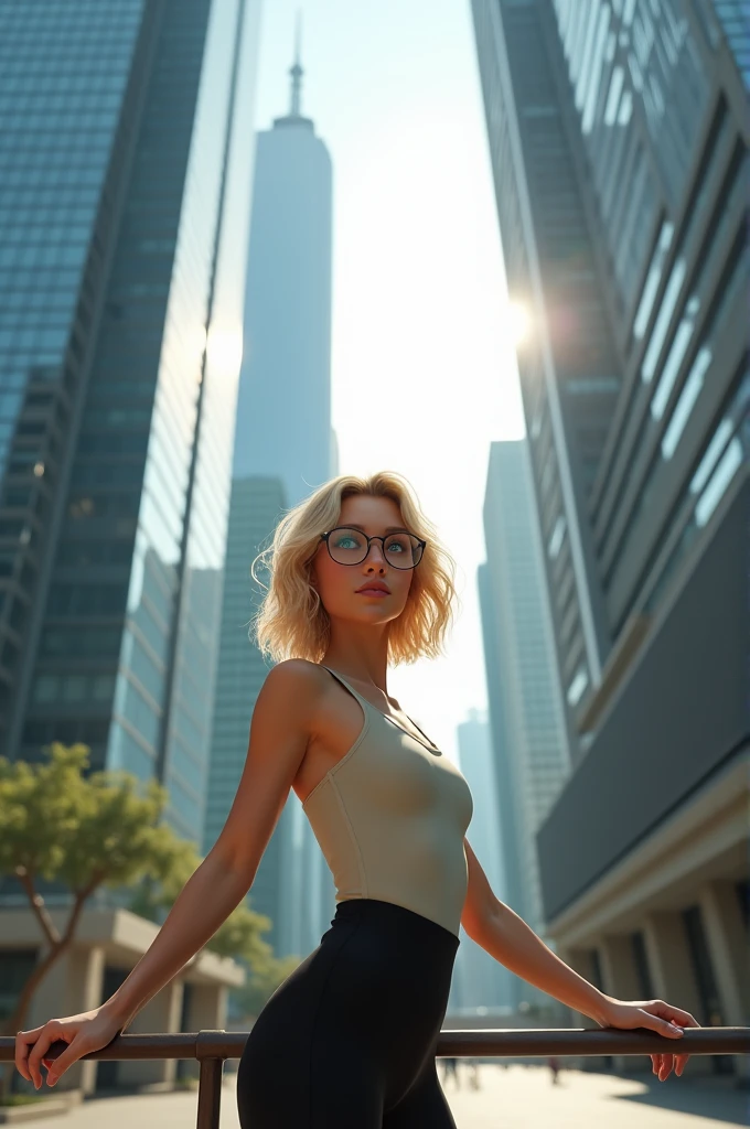blonde haired blue eyed round glasses slightly chubby cheeked woman doing barre between very tall buildings