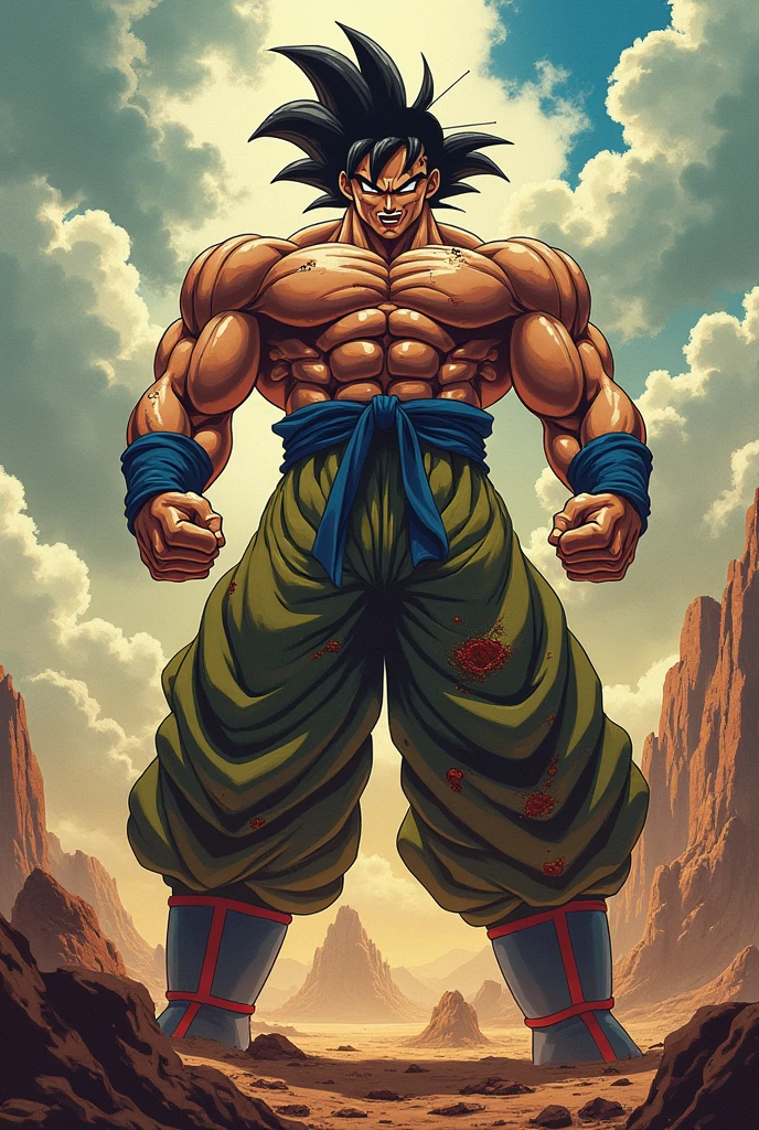 Broly from Dragon Ball crushing Vegeta from Dragon Ball with his pecs