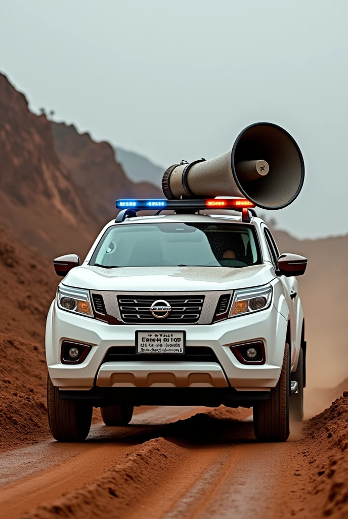 White Nissan Frontier pickup truck in a mining environment with a giant megaphone and police lights on the windshield and the license plate written in Portuguese: you can trust

