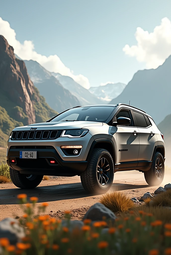 Create a realistic image of a Jeep Compass car and the description in the background: S2 DP