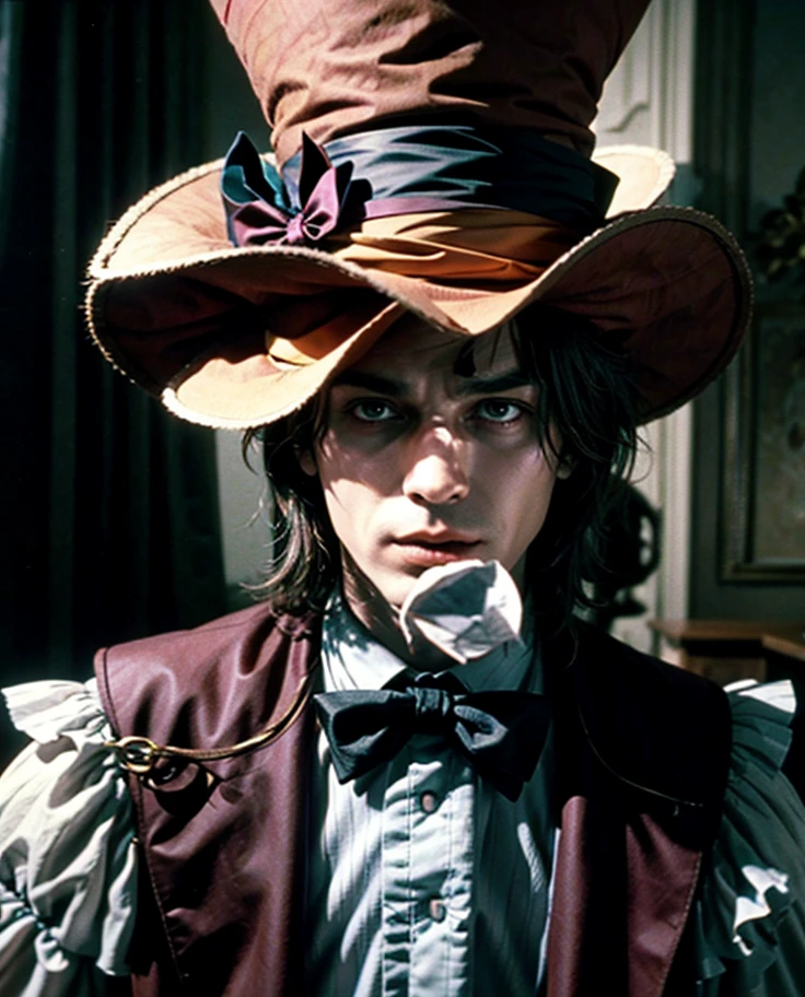dvd screengrab, from 1982 dark fantasy film, "MAD HATTER MEN CRAZY" --ar 3:2