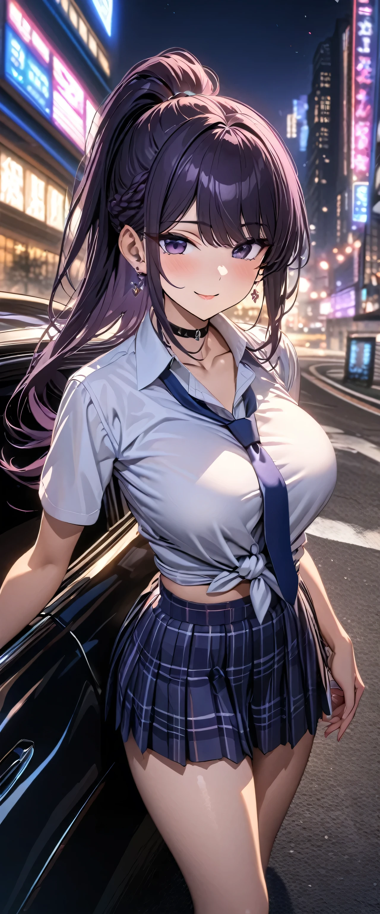 Komi Shouko wearing a jewelry, earrings, piercing, school uniform, white shirt, tied shirt, black choker, blue necktie, plaid skirt, purple hair, ponytail hair, purple eyes, smiling, big breasts, near a well-detailed black car, on a track in a large city at night, perfect lighting,HDR, ultra resolution , very detailed, masterpiece, ultra quality, 4K HD.