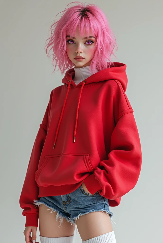 A femboy wearing white thigh highs, a red oversized hoodie and jean booty shorts with a really small amount of makeup, his hair even tho short he had styled it in a way which made it look girly, pink eyes, pink hair ,19 years old , messy hair 