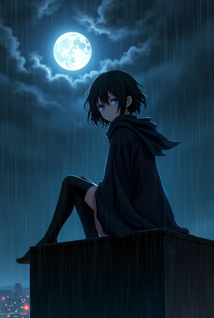 create an image of an anime girl sitting on top of a building, with a sadic expression on her face, short curled hair hiding her eyes, blue eyes and an long dark blue akatsuki clothe and a pair of black stockings completely covering your legs, under the heavy rain and a full moon. half of his face is covered by a black strange shadow 