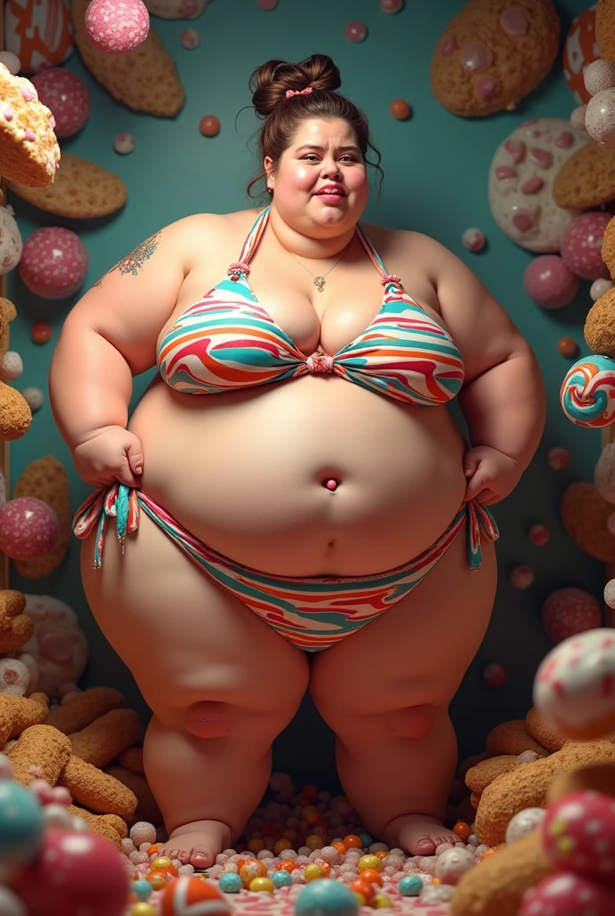 Carla Thais, woman with ugly body, bigger than a building, too fat, obese Morbid, gigant , gorda, obese, Immense, gigant assigant ass, oe, Morbid, Immense, gorda, too fat, muito obese, drooling over food, fair skin and brown hair in a bun, exaggerated makeup, drooling over food usando um biquíni vibrante e colorido e saia. She must be in a setting with sweets and processed foods in the background., creating a playful atmosphere. Use detailed lighting to highlight your curves and expression