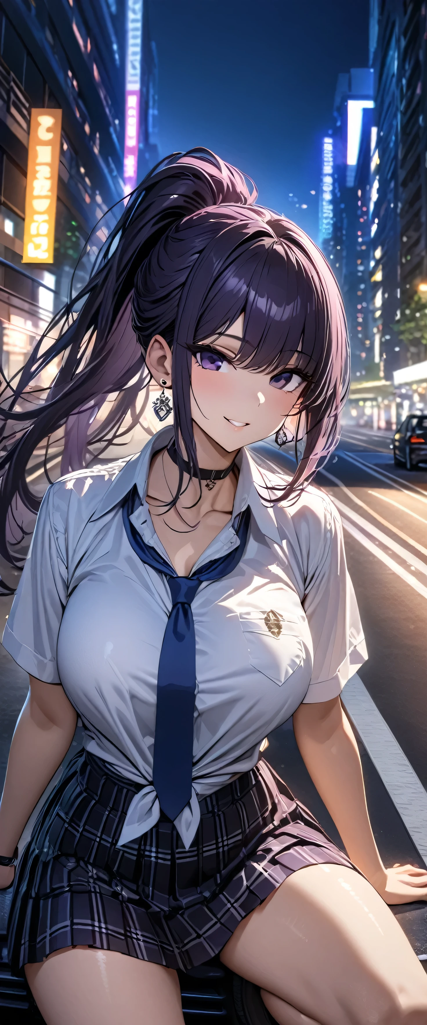 Komi Shouko wearing a jewelry, earrings, piercing, school uniform, white shirt, tied shirt, black choker, blue necktie, plaid skirt, purple hair, ponytail hair, purple eyes, smiling, big breasts, near a well-detailed black car, on a track in a large city at night, perfect lighting,HDR, ultra resolution , very detailed, masterpiece, ultra quality, 4K HD.