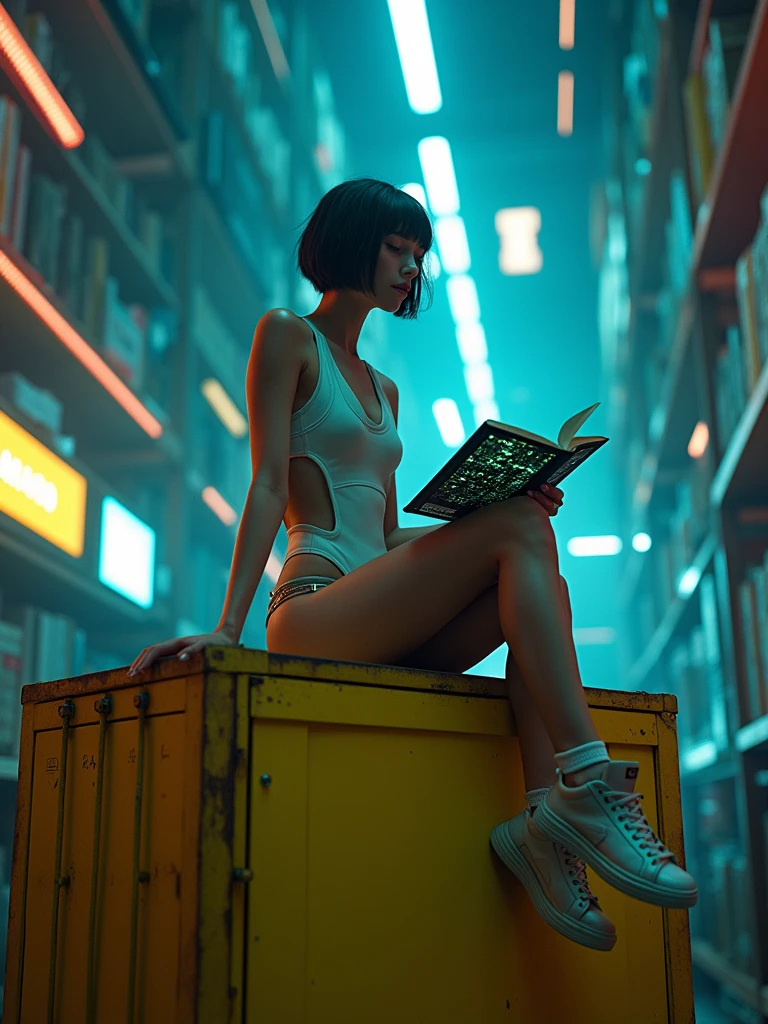 A young woman, around 18 years old, with short dark hair and a confident yet innocent expression, in a cyberpunk style. The scene is viewed from a low angle, about 60 degrees from below, emphasizing her presence and the details of the environment. She is sitting on a worn yellow steel container, which shows signs of age and use, with chipped paint revealing the raw metal underneath. The environment is a futuristic room with neon lights and holographic displays, surrounded by high-tech gadgets and towering digital bookshelves. The room has a moody, dark atmosphere with vibrant neon colors casting a glow on her face. The woman is wearing a two-piece swimsuit with a sleek, futuristic design and metallic accents, fitting the cyberpunk aesthetic. In her right hand, she holds a cyberpunk-style weapon, a sleek and futuristic firearm with glowing accents. She is smiling innocently as she reads a book with a holographic cover. Subtle glowing data streams surround her, indicating her extraordinary abilities in this high-tech world.",
"size": "1024x1024