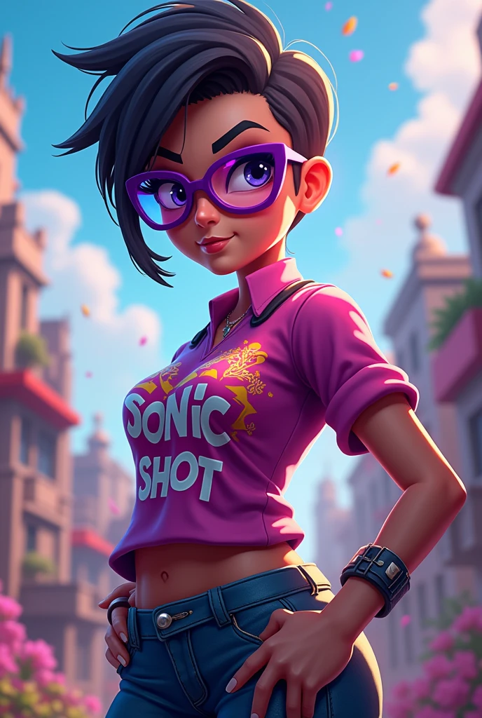 Free fire character with purple glasses,a sonic shot shirt