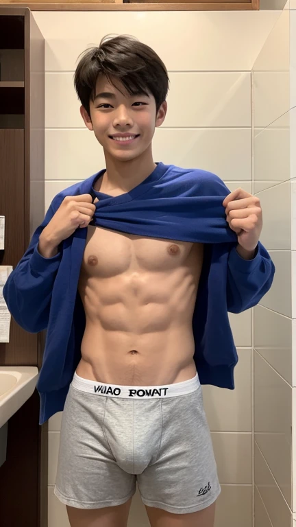 Japanese high school boy、、Well-developed muscles and smooth skin、ツンツンと尖ったburst豪のような淡い金髪、Relaxed and friendly smile、Boxer briefs、The whole body is visible from toes to head、Fist pump in the bathroom、burst