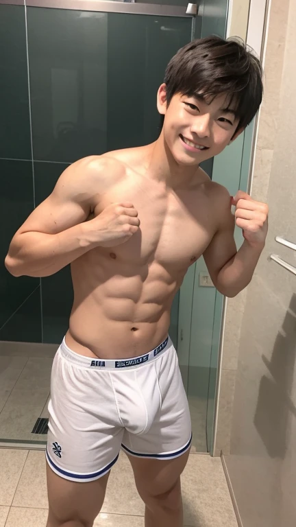 Japanese high school boy、、Well-developed muscles and smooth skin、ツンツンと尖ったburst豪のような淡い金髪、Relaxed and friendly smile、Boxer briefs、The whole body is visible from toes to head、Fist pump in the bathroom、burst