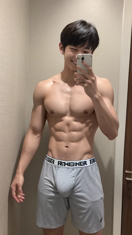 Japanese high school boy、15 years old、Well-developed muscles and smooth skin、ツンツンと尖ったburst豪のような淡い金髪、Relaxed and friendly smile、Boxer briefs、The whole body is visible from toes to head、Fist pump in the bathroom、burst