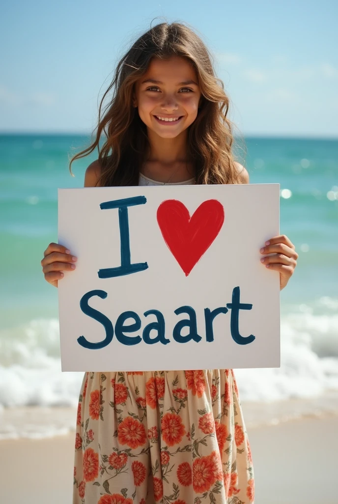 Beautiful girl with wavy long hair, bohemian dress, holding a white board with text "I Love Seaart Iowing it to the viewer