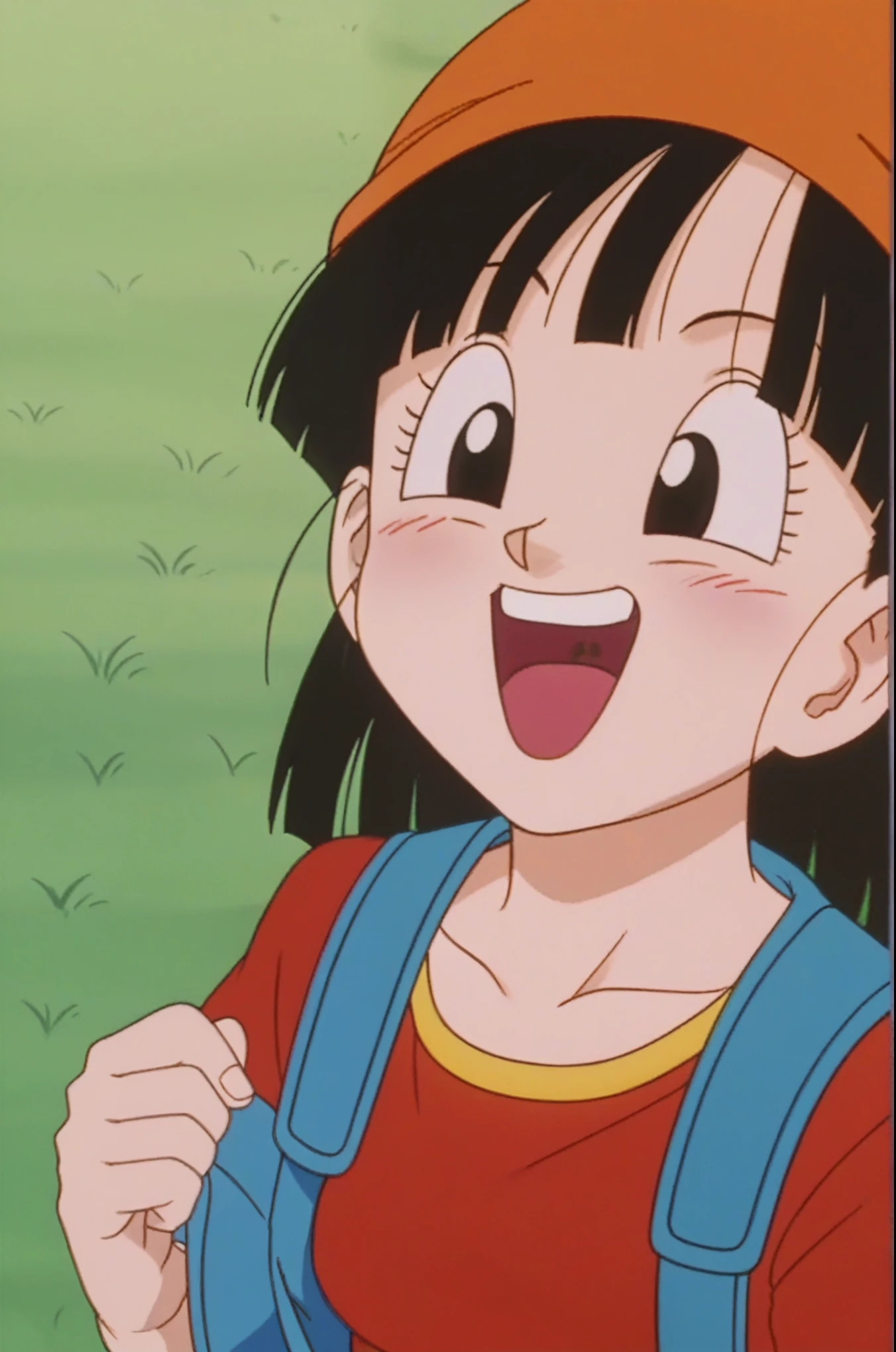 source_anime, score_9, score_8_up, score_7_up, anime screencap, 
pangt, 1girl, smile, open mouth, bangs, happy, pupils up, cry, pain, blushing, grass, black hair, field, collarbone,whole body :d, teeth, blunt bangs, outdoors, black eyes, eyelashes, upper teeth only, close-up, retro artstyle, , 1990s \(style\), orange headwear, whole body, medium ass, medium breasts