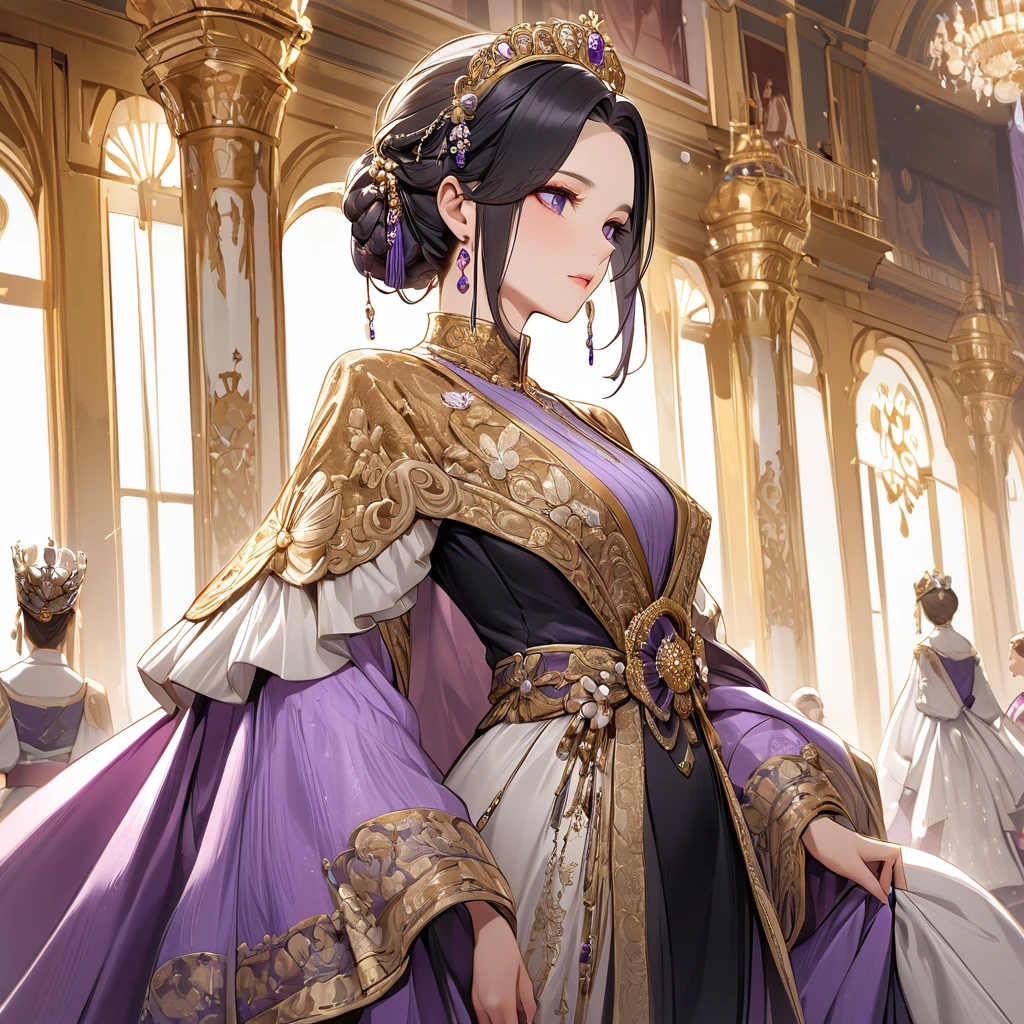 ((Highest quality)), ((masterpiece)), (detailed), （Perfect Face）、The woman is Shinobu Kocho, a Russian with black hair with purple gradient ends, tied in a bob hairstyle, an elegant, graceful and beautiful Russian noblewoman, and the Empress of the Great Russian Empire.、The woman is beautifully dressed in the gorgeous, glittering gold-colored Russian court dress of an ancient Russian empress, accessorized with luxurious accessories and kokoshniks.、The woman is standing next to a great and dignified old Russian emperor.