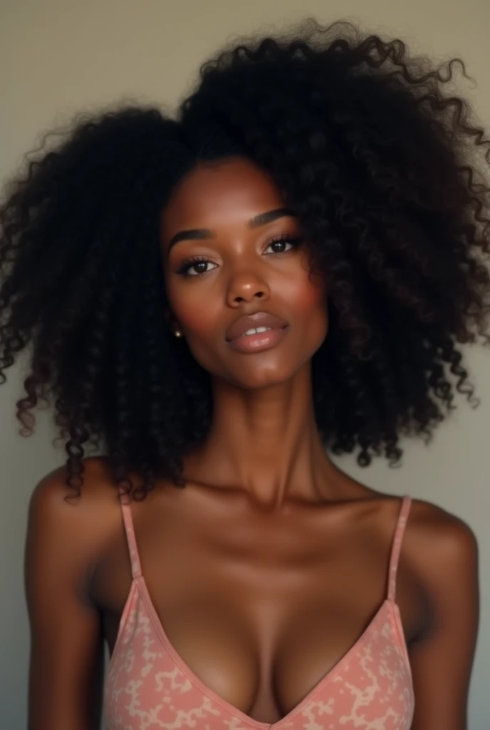 a hyper realistic picture of a very attractive ebony complexion African American, medium thick, round face, almond shaped grey eyes, eyebrows arched, voluminous, wavy black hair that cascades around her shoulders and frames her face. The hair is styled in a way that adds both volume and a sense of movement. She is coming from attending church service. Topless black girl