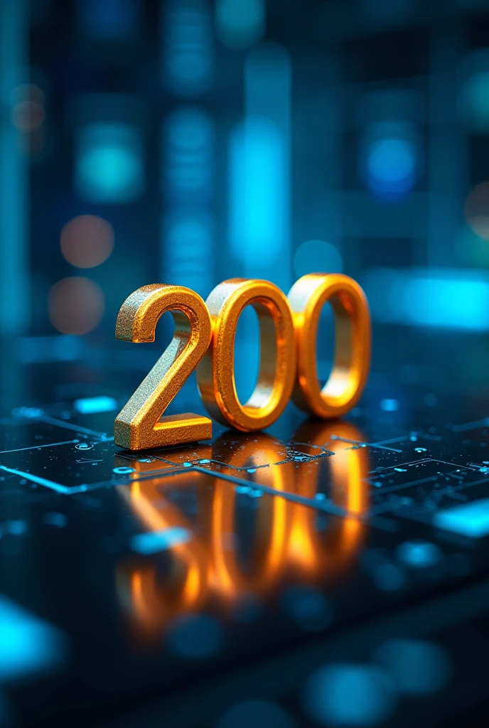 Technological golden number 200, positioned front, with the technological blue background.