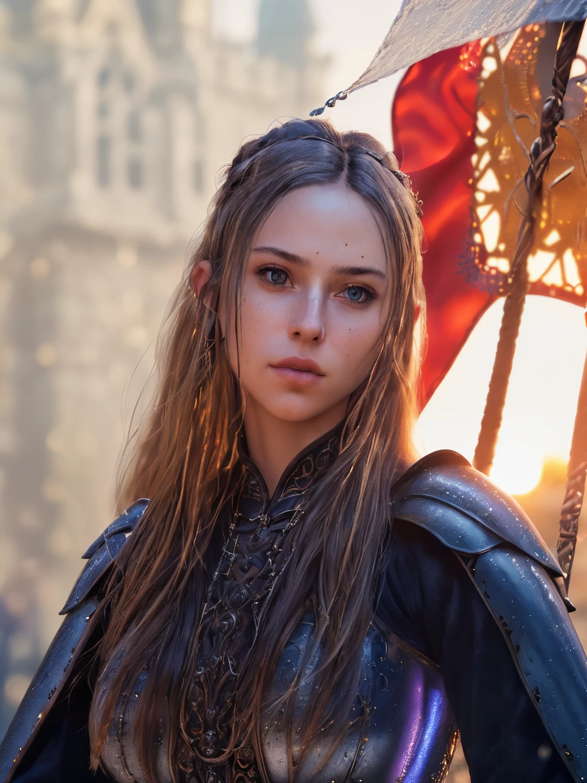 (masterpiece), (extremely intricate:1.3), (realistic), portrait of a girl, the most beautiful in the world, (medieval armor), metal reflections, upper body, outdoors, intense sunlight, far away castle, professional photograph of a stunning woman detailed, sharp focus, dramatic, award winning, cinematic lighting, octane render unreal engine, volumetrics dtx, (film grain, blurry background, blurry foreground, bokeh, depth of field, sunset, motion blur:1.3), chainmail