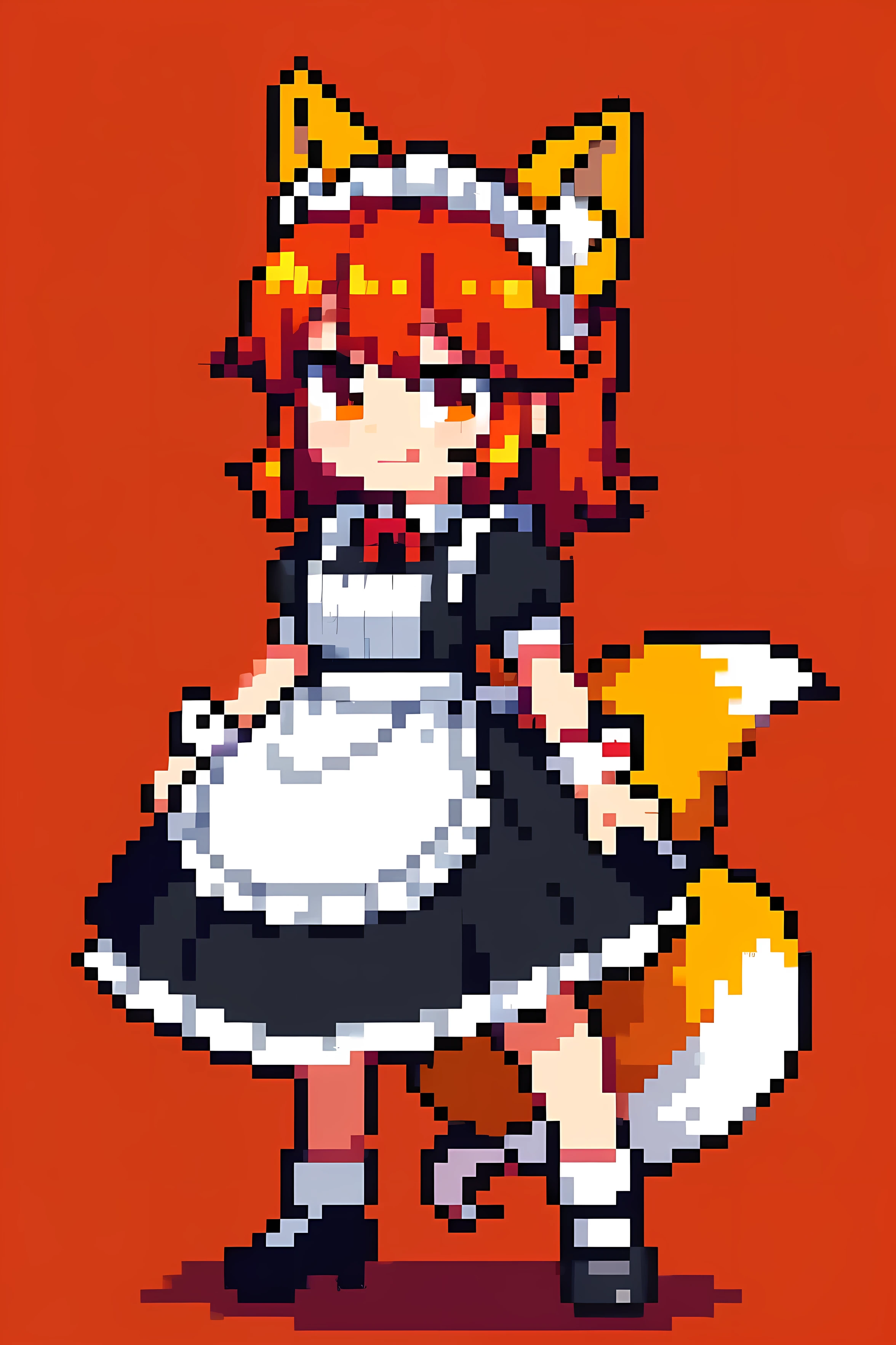 [Core Concept] A whimsical, chibi-style depiction of a maid character with a fox-like appearance.

[Character Description] A , square-bodied maid with vibrant, fiery-red hair and pointed fox ears. Her expression is playful and mischievous, with a slight grin and bright, gleaming eyes.

[Environment/Background] The maid is set against a simple, minimalist background, allowing the character to be the central focus of the image.

[Style and Atmosphere] The overall style is lighthearted and charming, with a touch of fantasy and playfulness. The color palette is vibrant, with warm hues of red, orange, and yellow dominating the scene.

[Composition] The full-body composition places the maid character centrally within the frame, showcasing her square-shaped body and unique fox-like features.

[Details and Embellishments] The maid's attire includes a traditional maid's uniform with a short skirt, frilly apron, and cuffs. Her tail is fluffy and expressive, adding to the whimsical nature of the character.

[Technical Specifications] The image should be rendered in a chibi or super-deformed art style, with a clean, polished digital painting technique.