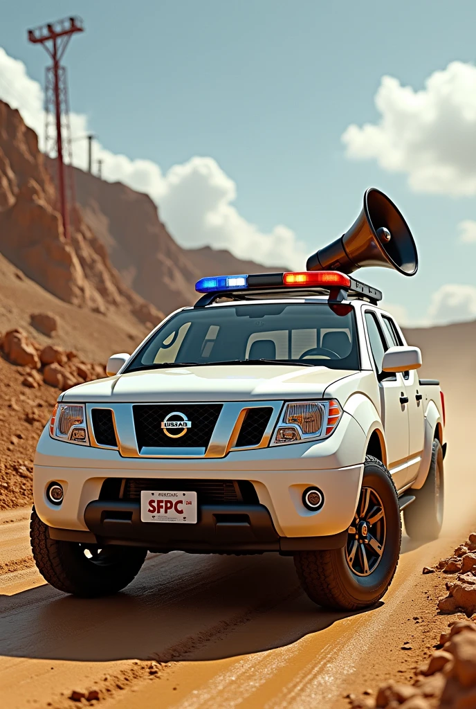 White Nissan Frontier pickup truck in a gold mining environment with a giant megaphone and police lights on the windshield and the license plate reading SFPC